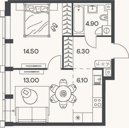 Планировка: 2-к, 44,8 м²