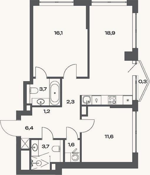 Планировка: 3-к, 66,6 м²
