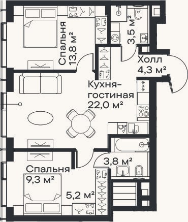 Планировка: 3-к, 61,9 м²