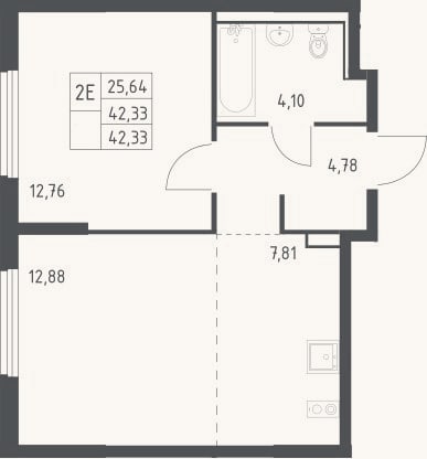 Планировка: 2-к, 42,3 м²
