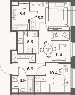 Планировка: 3-к, 56,5 м²