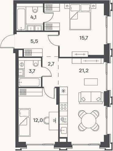 Планировка: 3-к, 64,9 м²