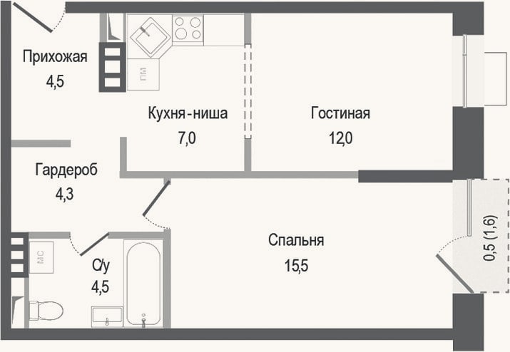 Планировка: 2-к, 47,8 м²