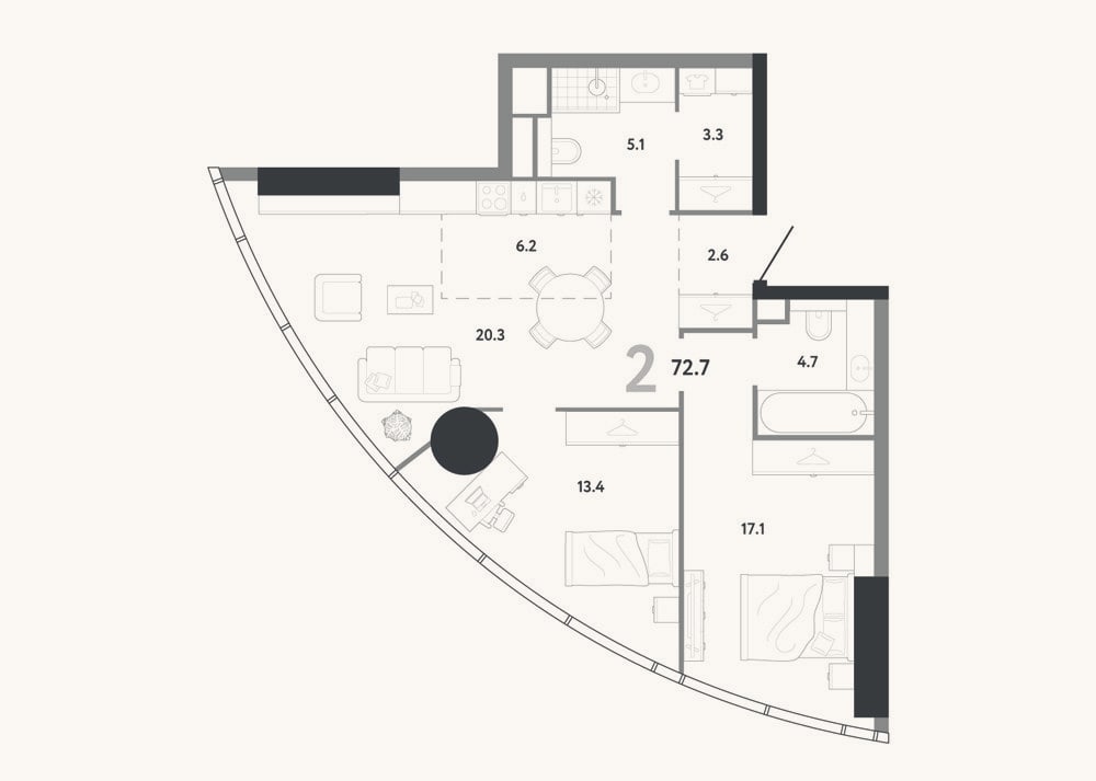 Планировка: 3-к, 72,7 м²