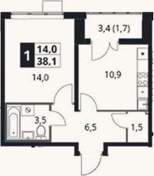 Планировка: 1-к, 36,4 м²