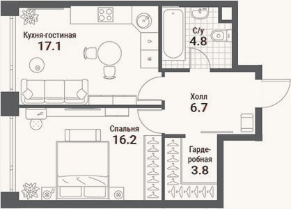 Планировка: 2-к, 48,8 м²