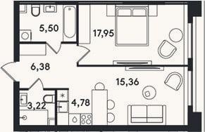 Планировка: 2-к, 53,2 м²