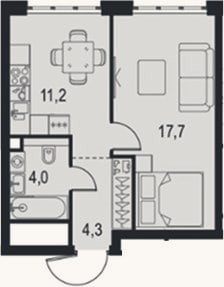 Планировка: 1-к, 37,2 м²