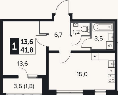 Планировка: 1-к, 40 м²