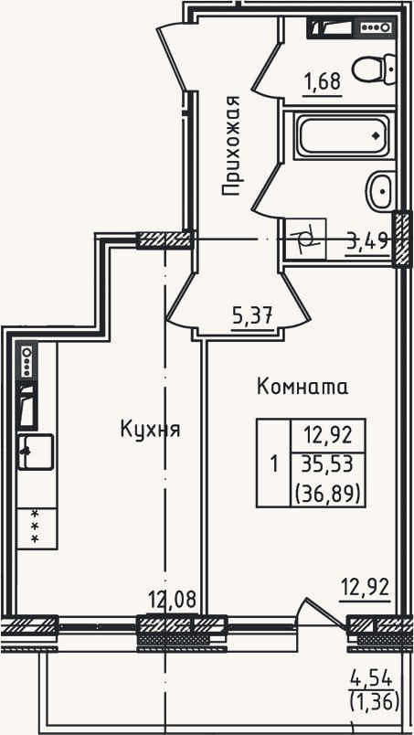 Планировка: 1-к, 35,5 м²