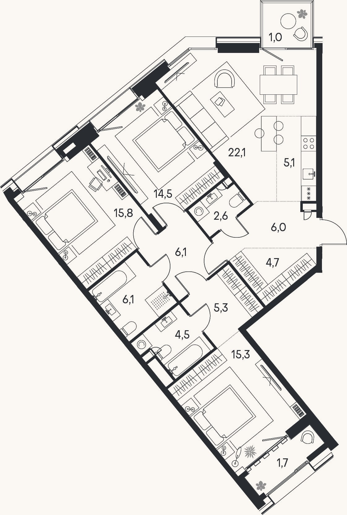 Планировка: 4+ к, 108,1 м²