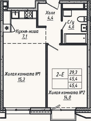 Планировка: 2-к, 45,4 м²