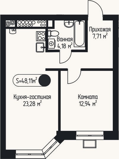 Планировка: 1-к, 48,1 м²