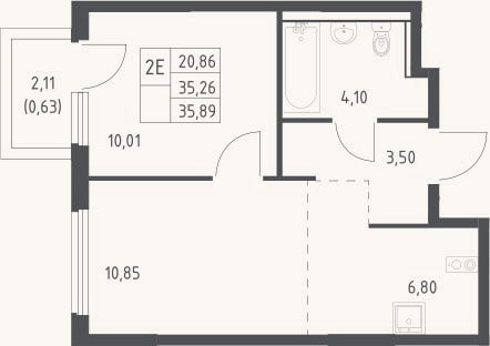 Планировка: 2-к, 35,3 м²