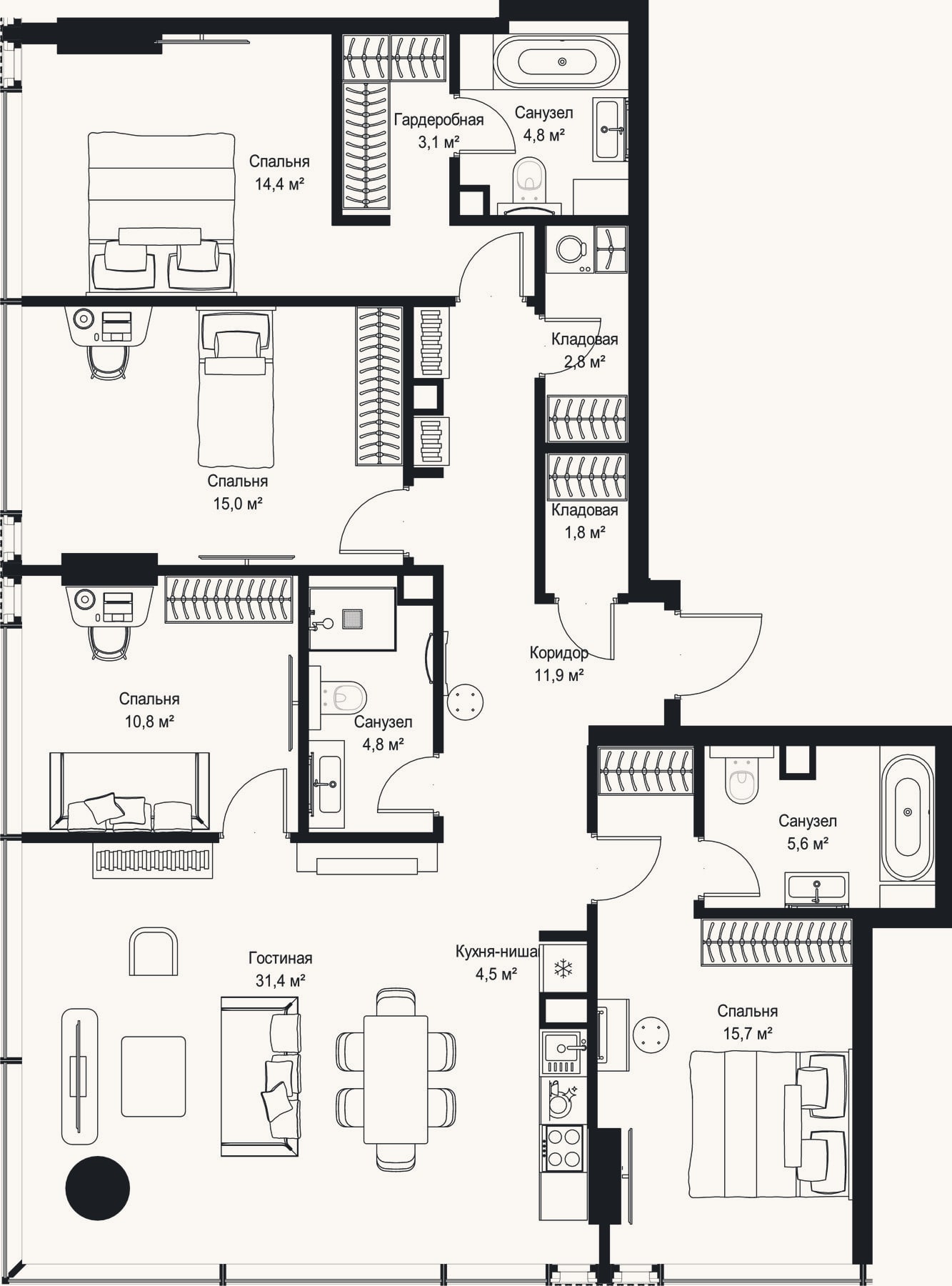 Планировка: 4+ к, 126,6 м²