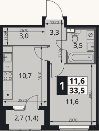 Планировка: 1-к, 32,1 м²