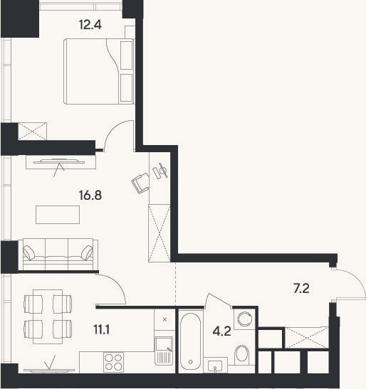 Планировка: 2-к, 51,7 м²