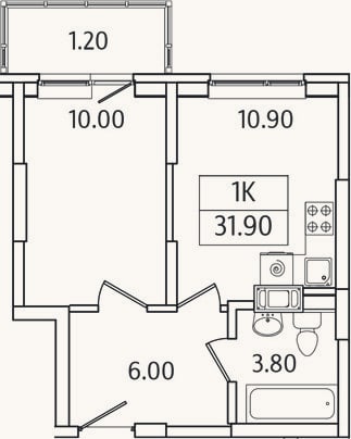Планировка: 1-к, 30,7 м²