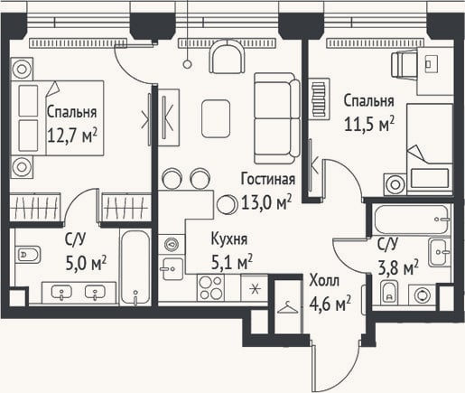 Планировка: 3-к, 55,7 м²