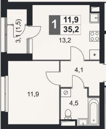 Планировка: 1-к, 33,7 м²