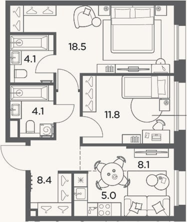 Планировка: 3-к, 60 м²