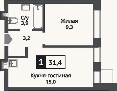 Планировка: 2-к, 31,4 м²