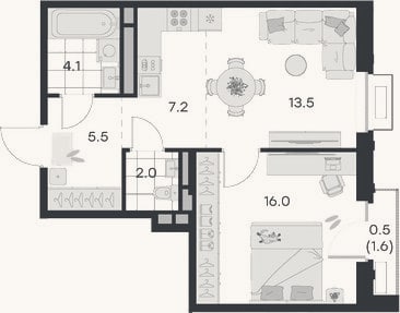 Планировка: 2-к, 48,3 м²