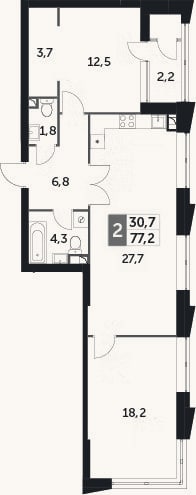 Планировка: 2-к, 75,9 м²