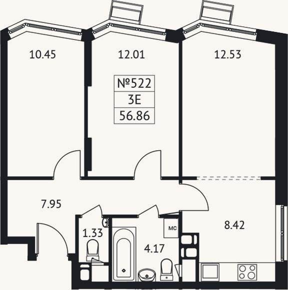 Планировка: 3-к, 56,9 м²