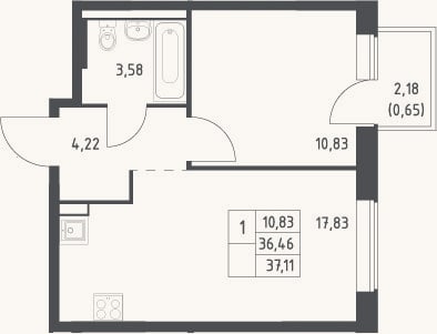 Планировка: 2-к, 36,5 м²
