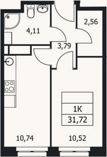 Планировка: 1-к, 31,7 м²