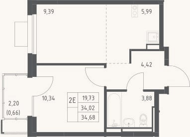 Планировка: 2-к, 34 м²