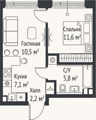 Планировка: 2-к, 37,2 м²