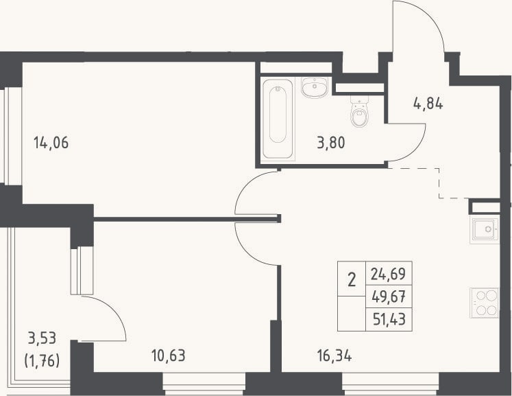 Планировка: 3-к, 49,7 м²