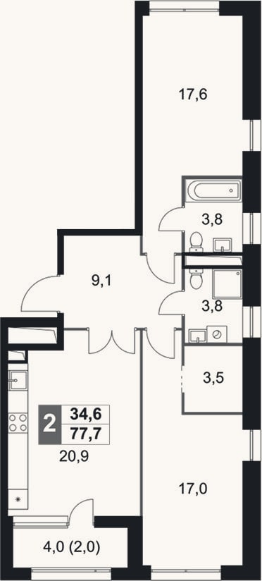 Планировка: 3-к, 75,7 м²