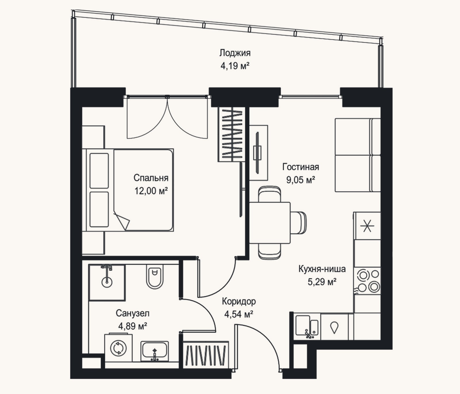 Планировка: 2-к, 35,8 м²