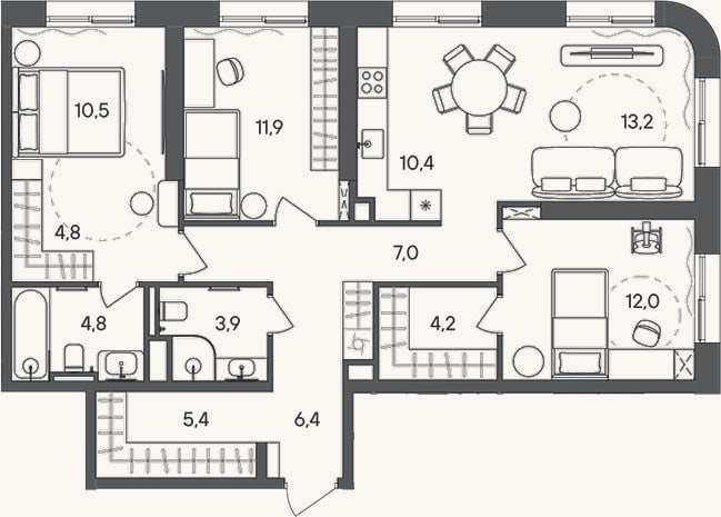 Планировка: 4+ к, 94,5 м²