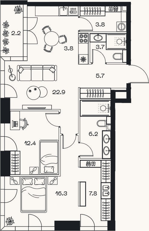 Планировка: 3-к, 81,9 м²
