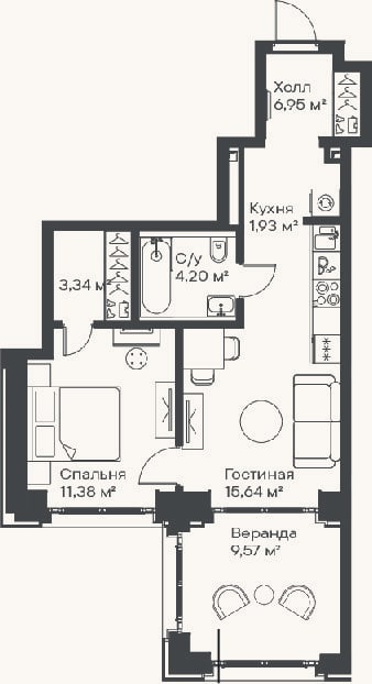 Планировка: 2-к, 43,9 м²