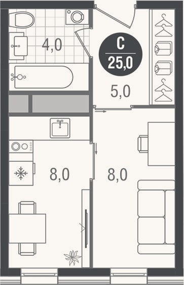 Планировка: Студия, 25 м²