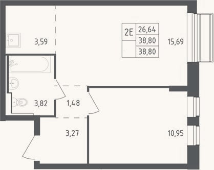 Планировка: 2-к, 38,8 м²