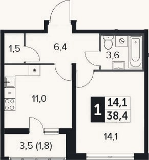 Планировка: 1-к, 36,6 м²