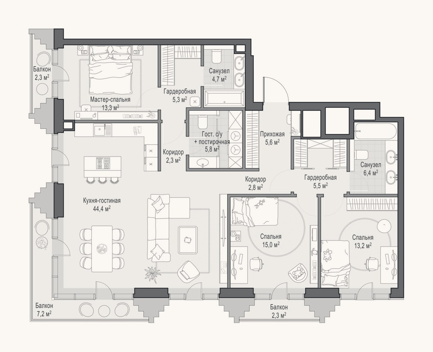 Планировка: 4+ к, 124 м²