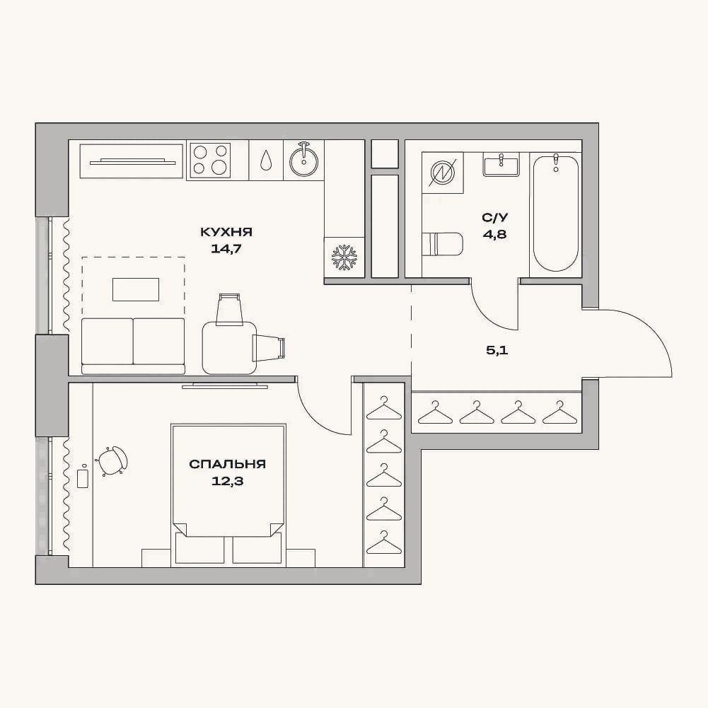 Планировка: 1-к, 36,9 м²