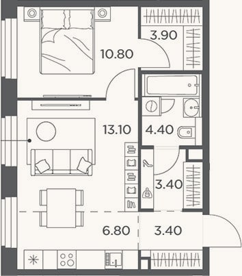 Планировка: 1-к, 45,8 м²