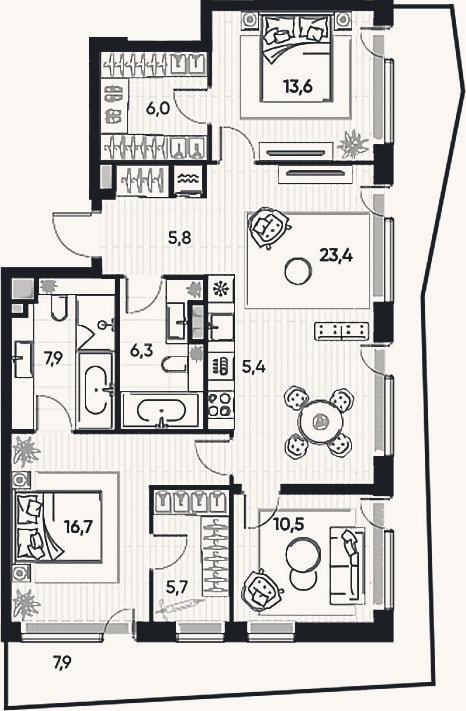 Планировка: 4+ к, 100 м²