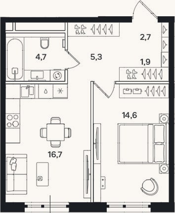 Планировка: 1-к, 45,9 м²