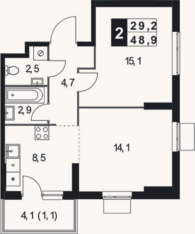 Планировка: 2-к, 47,8 м²