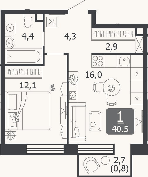 Планировка: 2-к, 39,7 м²