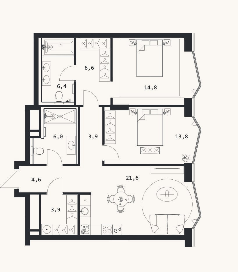 Планировка: 3-к, 81,6 м²